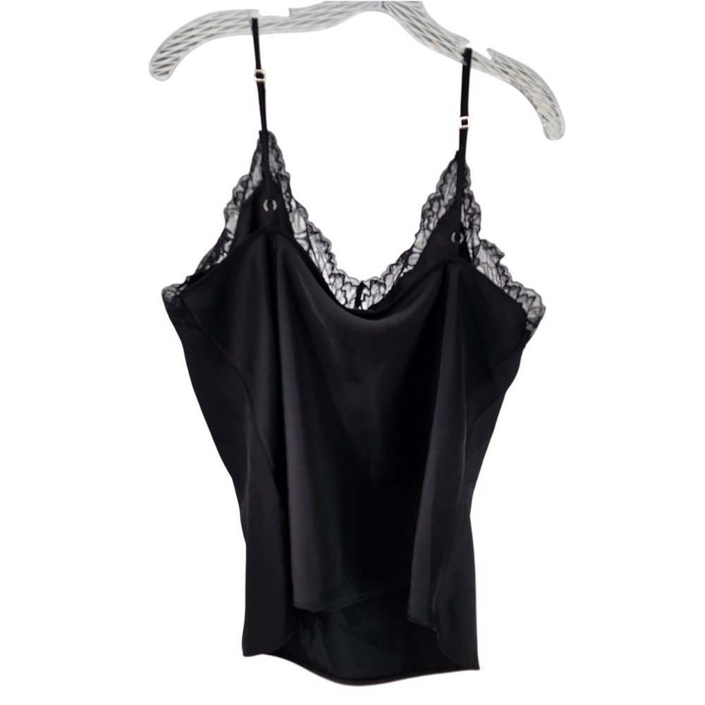 Calvin Klein Black Satin Lace Trim Camisole‎ V-Neck Adjustable Straps Large NWT